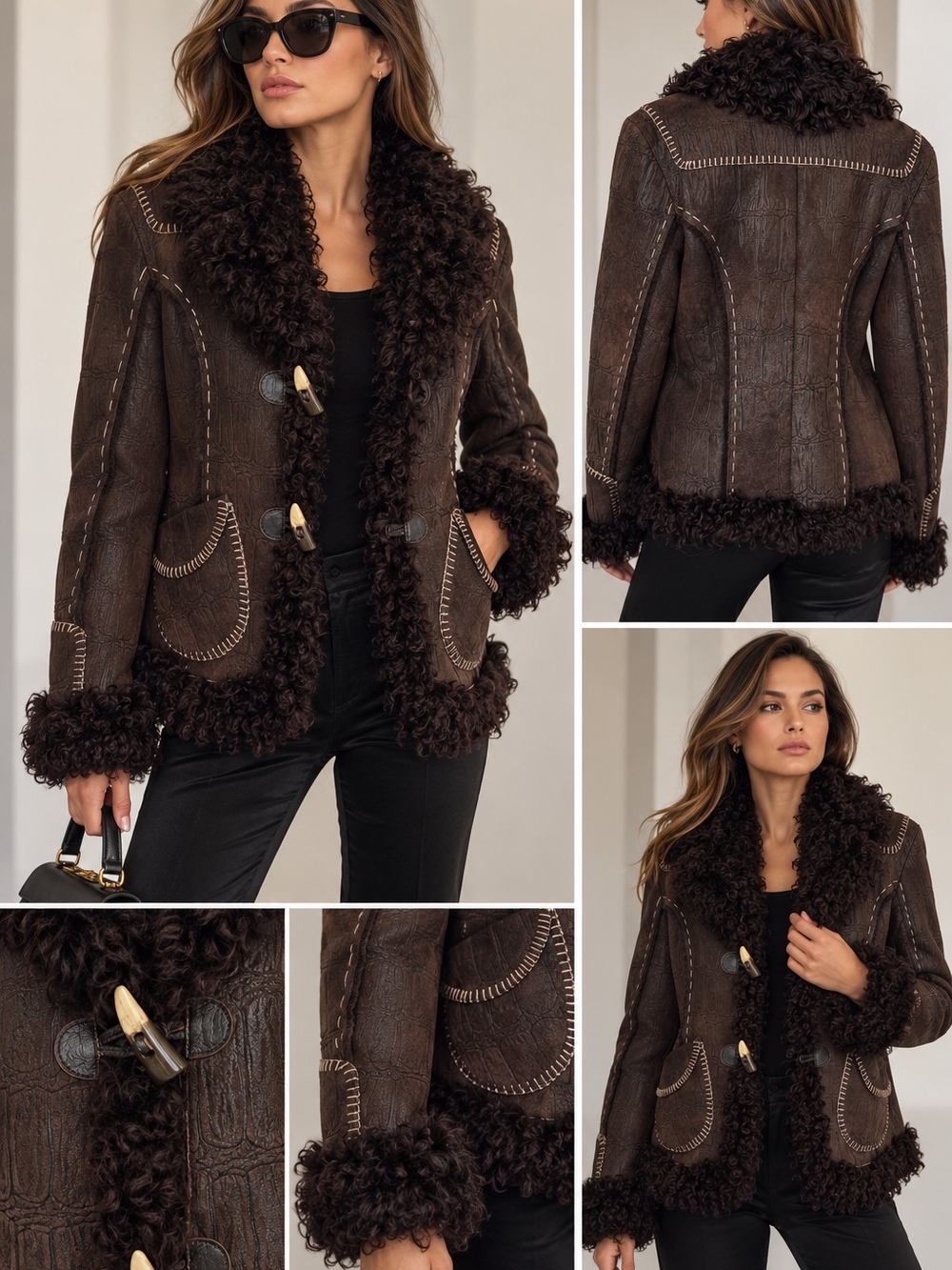 Genuine Leather & Real Fur Jacket – Chocolate Brown – Size M